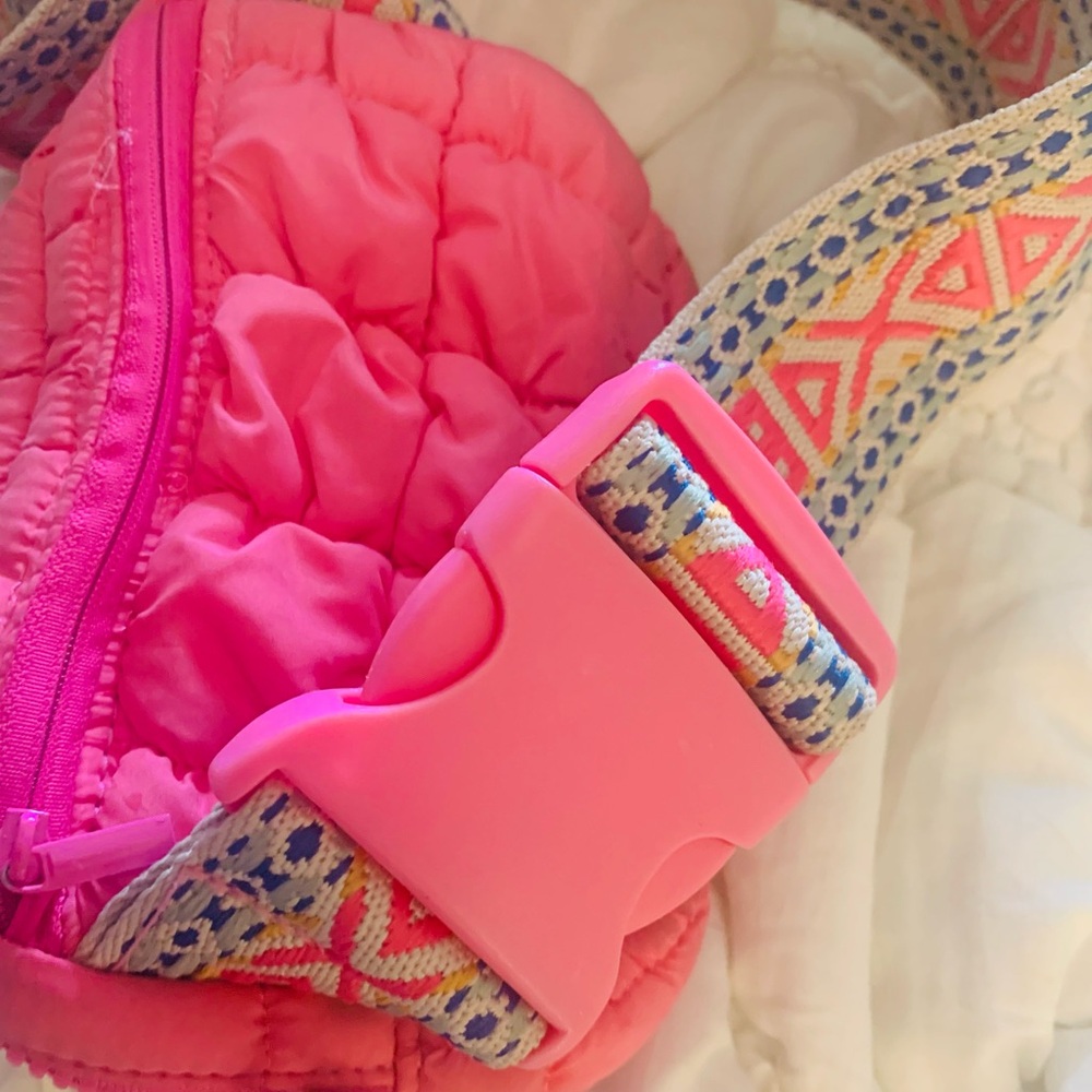 Pink womens puffer belly bag